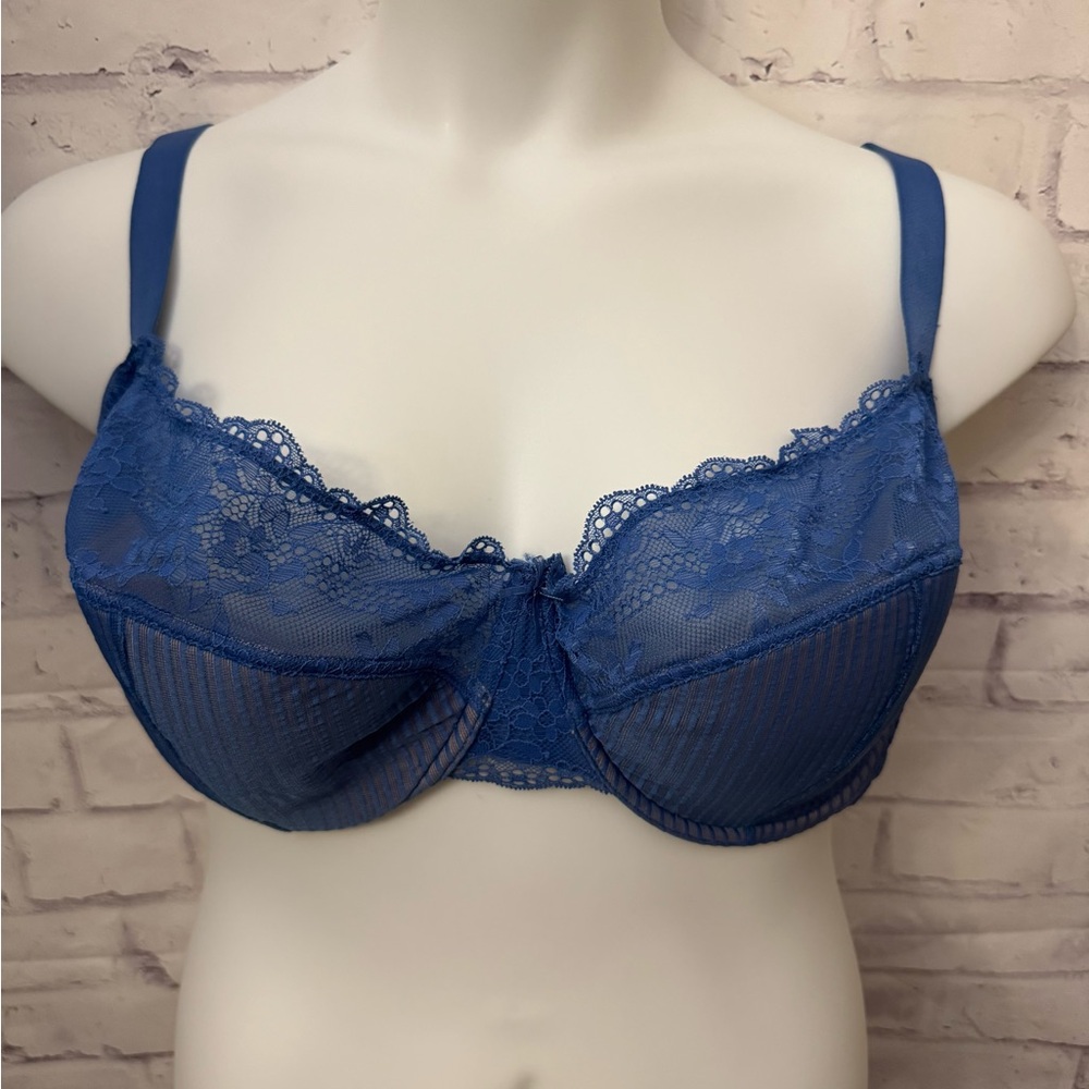 Adore Me Bra Selma Contour Plus 44DDD Balconette Lace Mesh Blue Sexy Lingerie